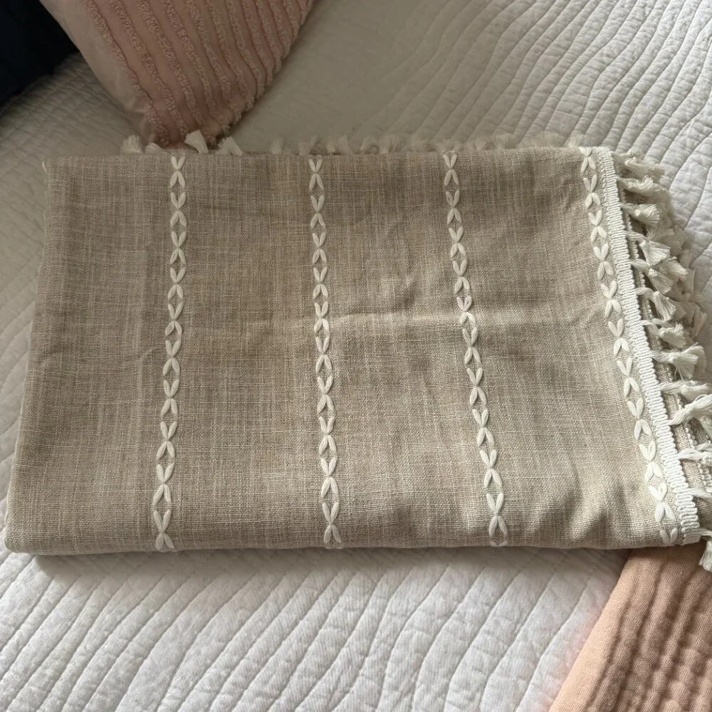 MitoVilla Boho Farmhouse Fabric Shower Curtain, Tan Brown Tasseled